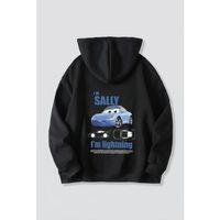 Sevgililer Günü Özel Kapüşonlu Araba Baskılı Oversize Sweatshirt - Siyah