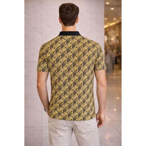 Erkek Pike Kumaş Polo Yaka Palmiye Desenli Tişört Kısa Kol Yazlık T-Shirt - Sarı
