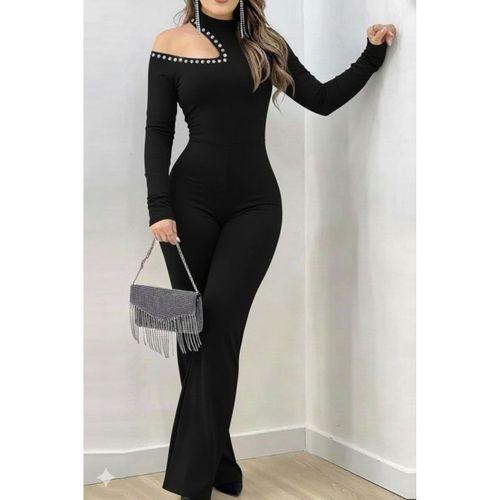 Kadın Tek Omuzdan Açık Balıkçı Yaka Taş Detaylı Uzun Ithal Krep Tulum