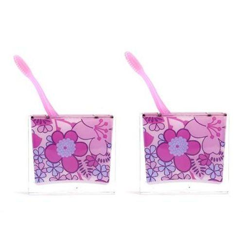 2 Adet Diş Fırçalık Pembe Çiçekli Akrilik 10X10X3Cm Banyo Seti