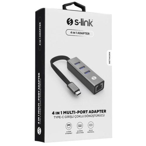 S-LINK SW-U3325, GigaBit, Type-C to RJ45, 3xUSB 3.0, Metal, Ethernet Kartı