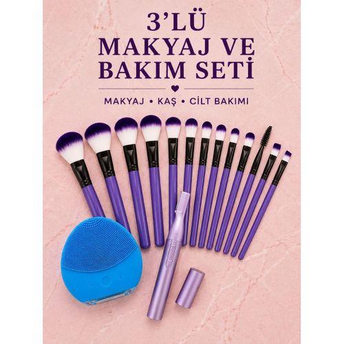3’lü Makyaj Ve Cilt Bakım Seti 12 Parça Makyaj Fırçası Kaş Alma Düzeltme Ve Silikon Yüz Temizleme Cihazı