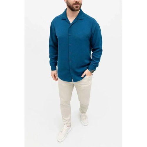 Erkek Aerobin Kumaş Oversize 4 Mevsim Uzun Kollu Rahat Kalıp Gömlek - İndigo