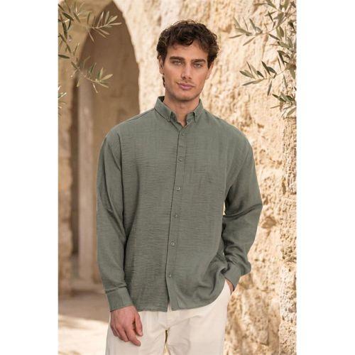 Pera Kumaş Keten Görünümlü Yarım Oversize Uzun kollu Erkek Gömlek - Çam Yeşili