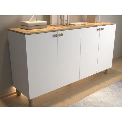 Nora Bohem Ledli Konsol Çok Amaçlı Dolap Mutfak Dolabı 160 Cm 4 Kapaklı  Atlantik Çam / Beyaz