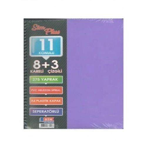 SİMPLUS A4 8+3 275 Yaprak PLASTİK KAPAK SPİRAL AYRAÇLI DEFTER ( Kapak Rengi Stoktan Rastgele ! )