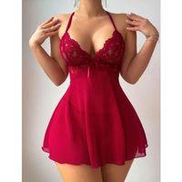 Bordo Dantel İşlemeli Boyundan Bağlamalı Likralı Fantezi Tül Gecelik