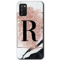 Samsung Galaxy A02s Kılıf Baskılı Kapak - Pembe Mermer Desenli R Harfi +Tam Kaplayan Mat Seramik