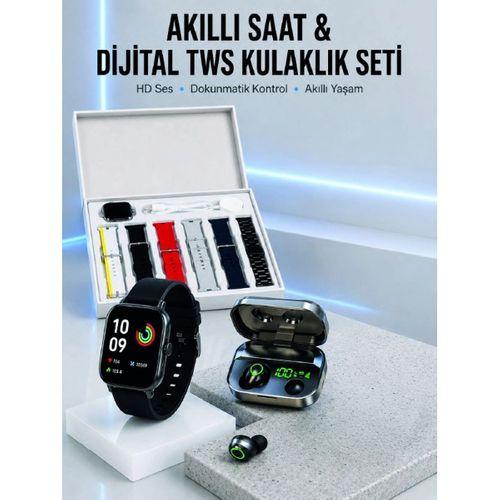 7 Kordonlu Akıllı Saat Ve Aynalı Bluetooth Kulaklık Powerbank Dijital Göstergeli