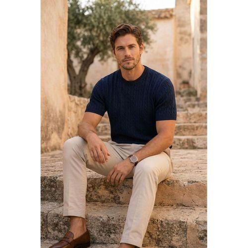 Walsh Saç Örgü Desenli Bisiklet Yaka İnce Triko Erkek T-Shirt - Lacivert