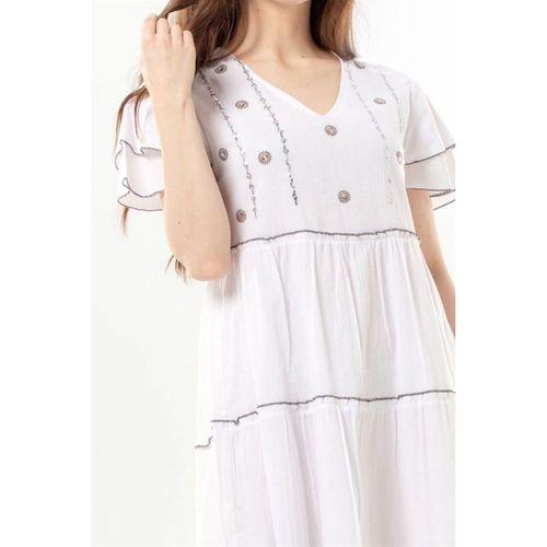 Kısa Kol Pullu Işıl V Yaka Şile Bezi Yazlık Midi Boy Otantik Elbise Beyaz Byz