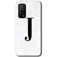 Xiaomi Mi 10T Kılıf Baskılı Kapak - Beyaz Mermer Desenli J Harfi + 5D Tam Kaplayan Cam