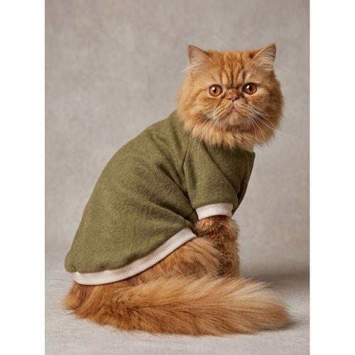Natura Kedi Polar Sweatshirt | Kapüşonsuz Yumuşak Polar Kedi Kıyafeti | Nefti Yeşil