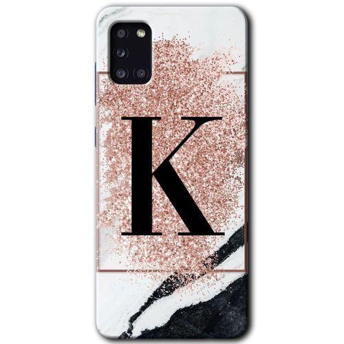 MRCİLETİSİM MRCİLETİSİM Samsung Galaxy A31 Kılıf HD Desen Baskılı Arka Kapak + Temperli Cam - Pembe Mermer Desenli K Harfi