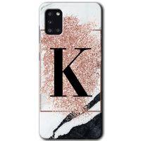 MRCİLETİSİM MRCİLETİSİM Samsung Galaxy A31 Kılıf HD Desen Baskılı Arka Kapak + Temperli Cam - Pembe Mermer Desenli K Harfi