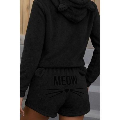 Kadın Uzun Kollu Kapşonlu Peluş Bluz Ve Kısa Short Ikili Takım