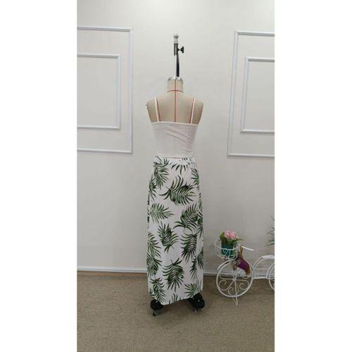 Kadın Ip Askılı Yuvarlak Yaka Kısa Viskon Bluz Ve Desenli Yırtmaçlı Süprem Etek Ikili Takım