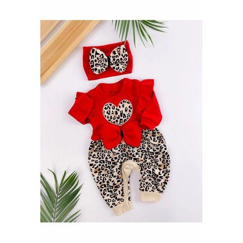 Leopar Desenli Fiyonklu % 100 Pamuk Kız Bebek Tulum