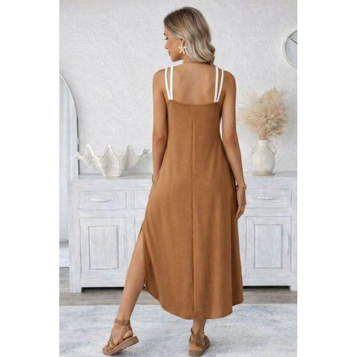Kadın Ip Askılı Yuvarlak Yakalı Cepli Uzun Viskon Elbise