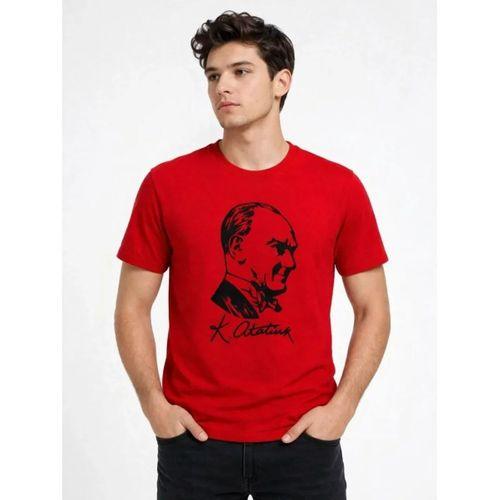 Erkek Atatürk Baskılı Tişört Kısa Kollu Bisiklet Yaka T-Shirt - Kırmızı