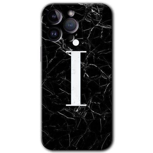 iPhone 14 Pro Kılıf HD Desen Baskılı Arka Kapak - Temperli Cam - Siyah Mermer Desenli İ Harfi