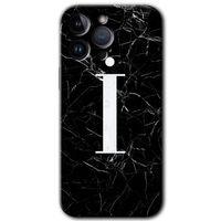 iPhone 14 Pro Kılıf HD Desen Baskılı Arka Kapak - Temperli Cam - Siyah Mermer Desenli İ Harfi