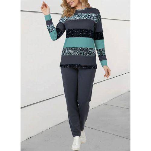 Kadın Uzun Kollu Bisiklet Yaka çizgili Desen Iki Iplik Bluz Ve Pantolon Ikili Takım