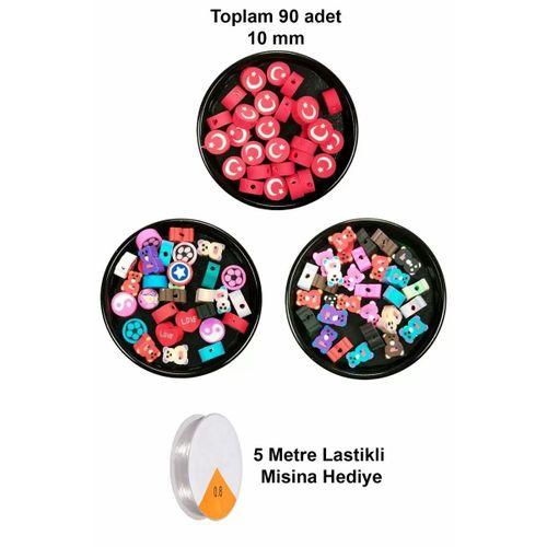 90 Adet 10 mm Polimer Kil Fimo Boncuk Takı Bileklik + 5 Metre Misina Hediye - Karışık - Bayrak - Ayıcık