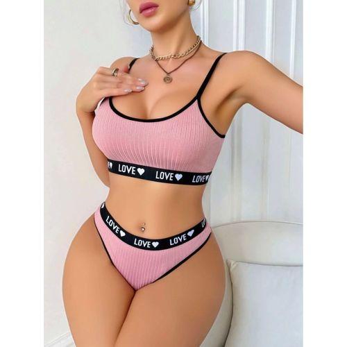 Kadın Pembe Love Yazılı Mayo Bikini Şık Esnek Kumaş Plaj Giyim Özel Tasarım