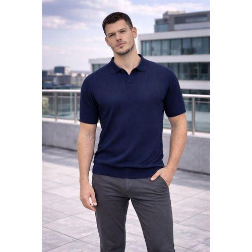 Elatus Çizgili V Yaka İnce Triko Relaxed Fit Polo Yaka Erkek T-Shirt - Lacivert