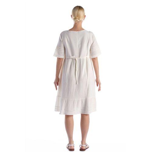 Kısa Kol Kırık Beyaz Kare Yaka Cep Detaylı Midi Boy Müslin Yazlık Elbise