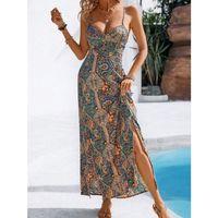 Kadın Ip Askılı Arkadan çapraz Kesim Detaylı Uzun Desenli Süprem Elbise