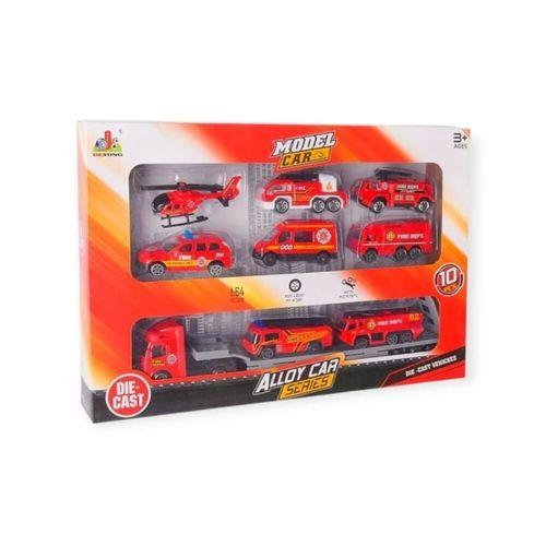 10 Parça Araç Taşıyan Tır Seti - Die Cast - DS047 - İtfaiye