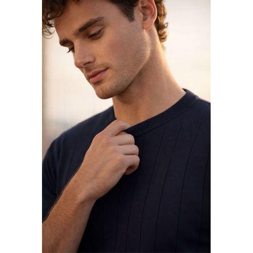 Dale Kolları Şeritli Bisiklet Yaka İnce Triko Örme Regular Fit Erkek T-Shirt - Lacivert