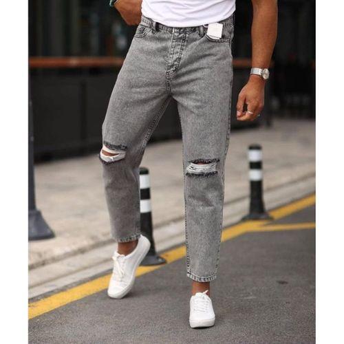 Erkek Gri Yıkama Yırtık Detaylı Boyfriend Jean