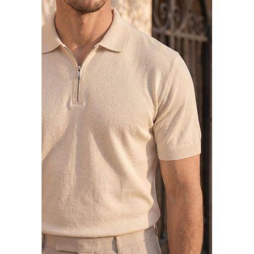 Linus Fermuarlı Polo Yaka Kısa Kollu İnce Triko Erkek T-Shirt - Bej