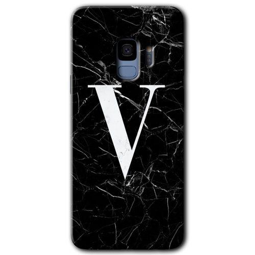 Samsung Galaxy S9 HD Baskılı Kılıf + 9D Tam Ekran Koruyucu - Siyah Mermer Desenli V Harfi