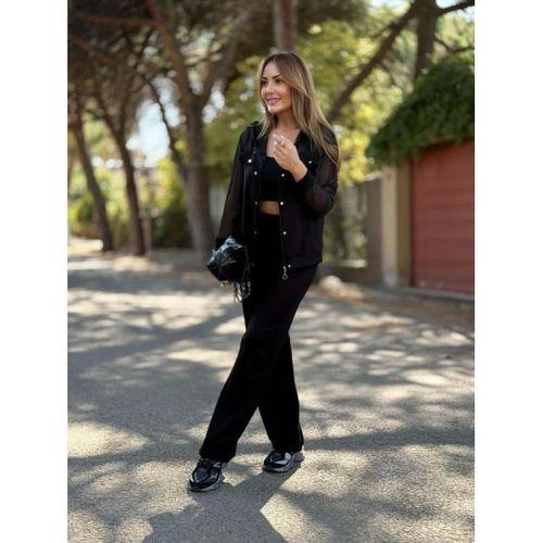 Kadın Uzun Kollu Tül Detaylı önü Düğmeli Viskon Iki Iplik Ceket Ve Pantolon Ikili Takım