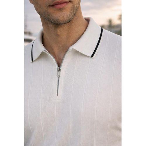 Jared Yakası Şeritli Dik Çizgili Yarım Fermuar İnce Triko Erkek T-Shirt - Beyaz