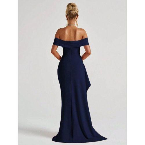 Kadın Madonna Yaka Pileli Derin Yırtmaçlı Uzun Ithal Krep Elbise