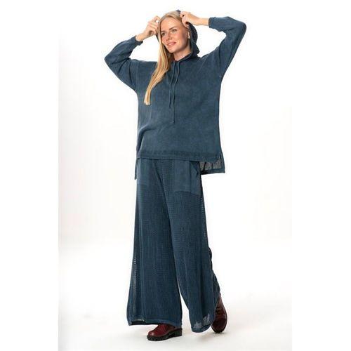 Uzun Kol Kapüşonlu Fileli Sonbahar ve Kışlık Triko Bluz İndigo indg