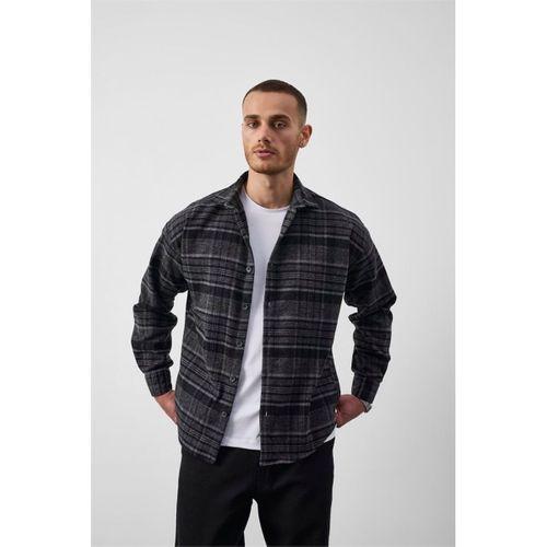 Brandon Relaxed Fit Pamuklu Geniş Çizgili Oduncu Erkek Gömlek - Füme
