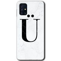 Samsung Galaxy M31s Kılıf Baskılı Kapak - Beyaz Mermer Desenli Ü Harfi +Tam Ekran Koruyucu