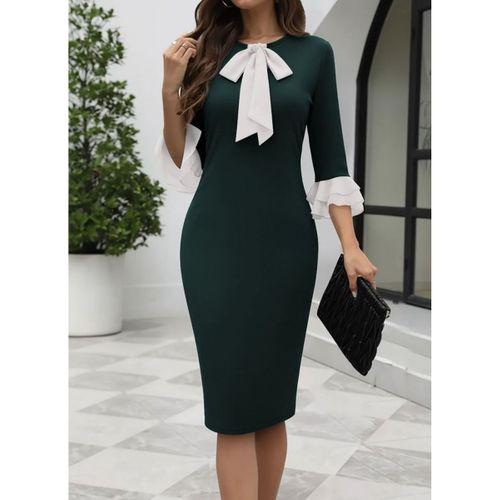 Kadın Truvakar Kollu Fiyonk Yakalı Midi Ithal Krep Elbise