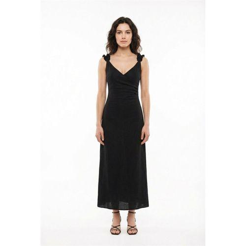 Lady Ayarlanabilir Omuz Askılı V Yaka Uzun Müslin Elbise Siyah Syh