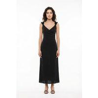 Lady Ayarlanabilir Omuz Askılı V Yaka Uzun Müslin Elbise Siyah Syh