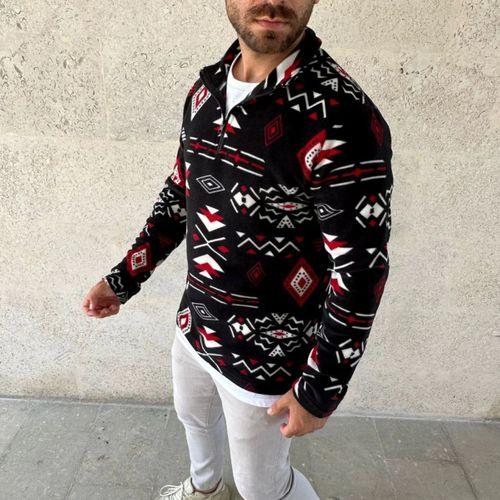 Erkek Yarım Fermuarlı Desenli Polar Sweat Tribal Etnik Desen Yakalı, Uzun Kollu, Oversize Rahat Kalıp, - Siyah