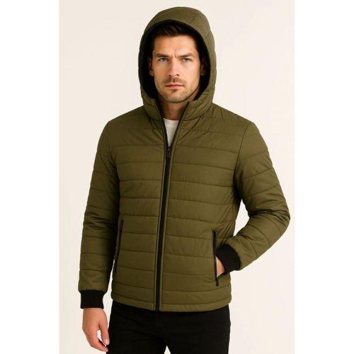 Erkek Şişme Kapüşonlu Fermuarlı Mont Su Itici Kapitone Astarlı Kumaş Cepli Kışlık Rahat Kalıp - Haki