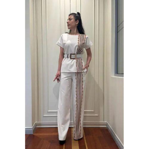 Trend Kadın Krem Keten Dokulu Bol Paça Pantolon ve Kısa Kollu Bluz Takımı