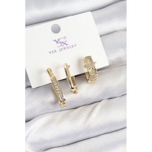 Pirinç Zİrkon Taşlı Yıldız Model Gold Renk 3'lü Kadın Küpe
